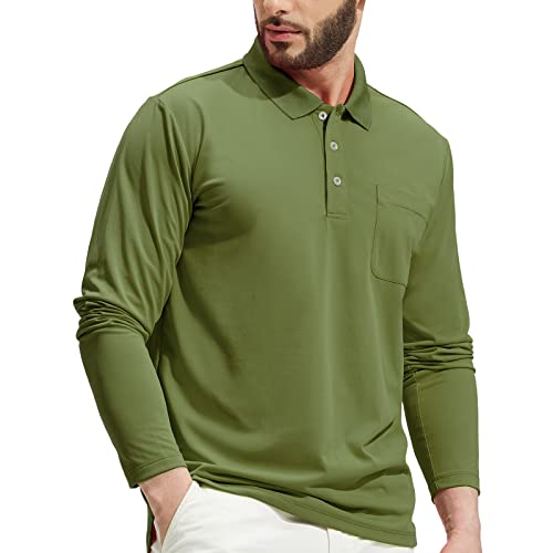 MIER Men’s Long Sleeve Casual Polo Shirt Pocket Quick Dry Collared Work Golf Hiking Shirt, UPF 50+ Performance Polyester, Army Green, S