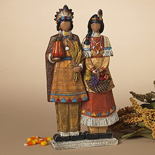 One Holiday Way Vintage 12-Inch Native American Couple Figurine – Decorative Wood-Look Indian Centerpiece – Rustic Thanksgiving Table, Mantel, Shelf Decoration – Fall Country Harvest Home Decor