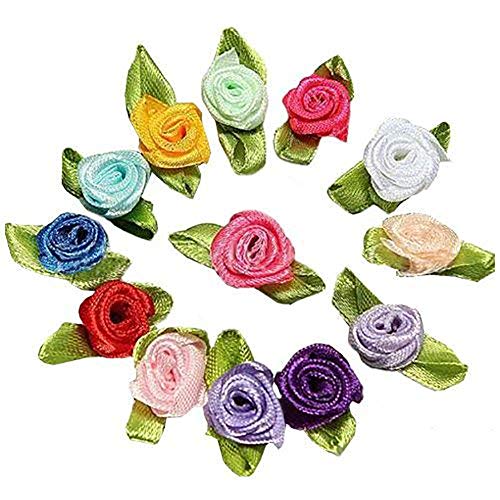 U-K 100pcs Mini Satin Ribbon Rose Flower Leaf Wedding Decor Appliques Sewing DIY Main Color:Mix Color Card Making DIY Decorations SuperiorA€‚Quality and Creative Convenient and Clever