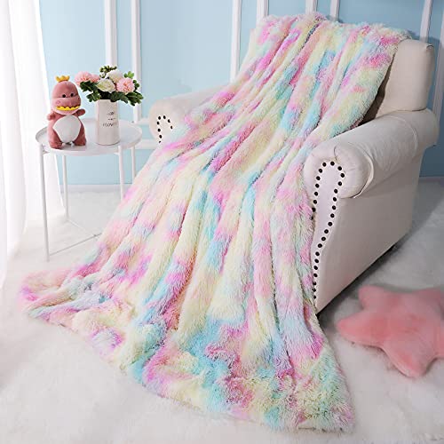 Keeko Soft Fluffy Rainbow Throw Blanket, Decor Throw Blanket for Couch Sofa Bed, Cute Fuzzy Blanket for Girls Kids, Unique Tie Dye Rainbow Blanket 50×60 Inch