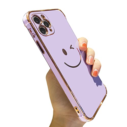 Facweek Compatible with iPhone 11 Pro Max Case Cute, Pretty Smiley Gold Plated Cases and Covers for Lady Girls Women, Electroplated Edge Bumper Camera Full Body Protection Cover Case 6.5 Inch, Purple