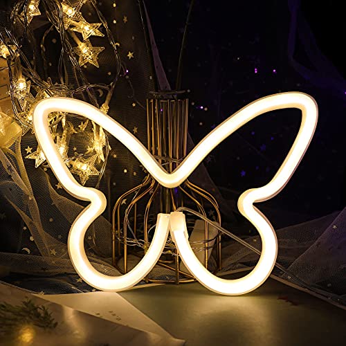ENUOLI Butterfly Neon Signs Warm White LED Butterfly Neon Lights Powered by 3-AA Battery/USB Charging Lights LED Cute Night Lights Butterfly Neon Lights for Bedroom Kids Room Wedding Birthday Decor