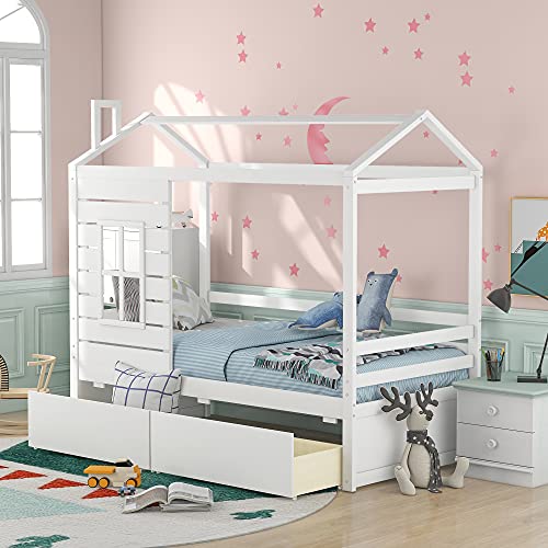Merax House Bed with Two Drawers, Window and Roof, Twin Size Wood Storage Bunk Bed Daybed Can be Decorated for Girls, Boys (White)
