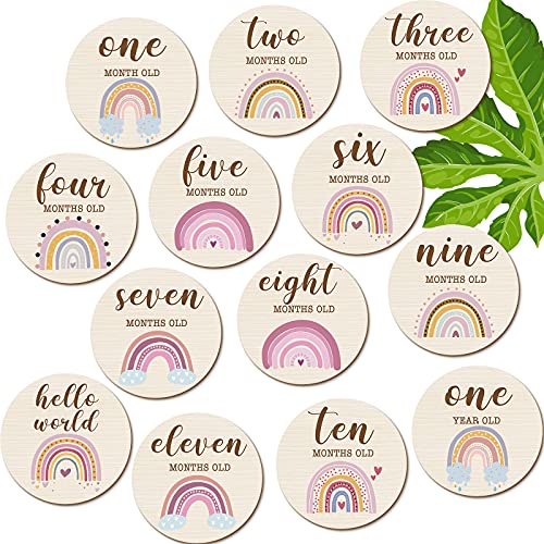 13 Pieces Wooden Baby Milestone Cards Boho Rainbow Double Sided Printed Milestone Discs Wood Gift Photo Prop Discs Sets Birth Announcement Sign for Baby Shower and Newborn Photo Props