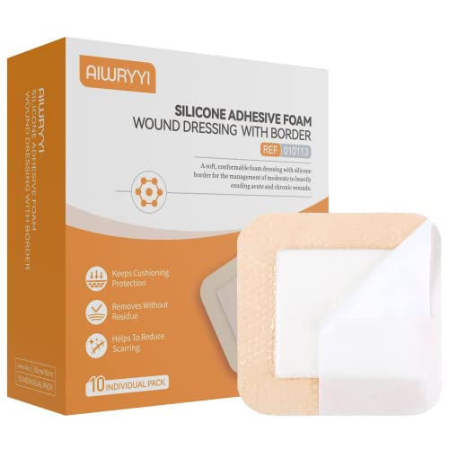 Silicone Adhesive Foam Wound Dressing with Border, 4″ X 4″(10 Individual Pack), Sterile, 5-Layer, Excellent Breathability Gel Pad for Pressure Ulcer, Leg Ulcer, Diabetic Foot Ulcer by Aiwryyi