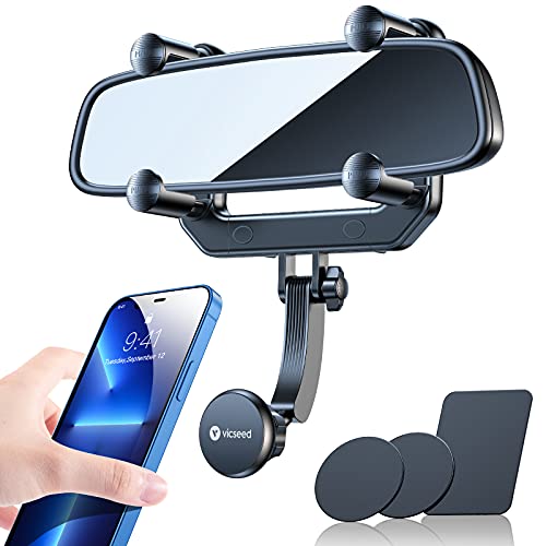 VICSEED Upgraded Magnetic Phone Mount for Car, [Big Rear Mirrors Friendly] Rear View Mirror Phone Holder, Strong Magnet Cell Phone Holder Car Cradle Hands Free Car Mount Fit All Mobiles & Vehicles