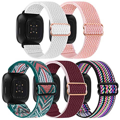GrTrees 5-Packs Elastic Bands Compatible with Fitbit Versa 3 / Fitbit Sense, Adjustable Nylon Replacement Straps Wristband for Fitbit Versa Smart Watch for Women and Men White/WR/Pink/GrArro/Multi