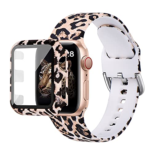 MNBVCXZ Compatible with Apple Watch Band 40mm 38mm 42mm 44mm with Apple Watch Screen Protector Case,iWatch SeriesSE 6 5 4 3 Silicone Leopard Print Sport Strap Band for Women Girl (Black Leopard 40mm)