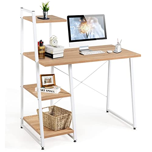 COSTWAY Computer Desk with 4-Tier Storage Shelves, Home Office Desk Writing Table with Sturdy X-Shape Frame, Adjustable Foot Pads, Modern Small Study Desk, Wide Tabletop (Natural and White)