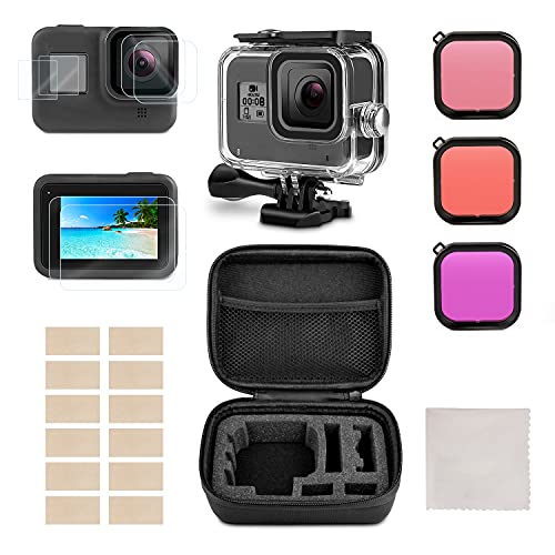 Waterproof Housing Case Accessories Kit Compatible with GoPro Hero 8 Bundle Include Waterproof Housing Case + Tempered Glass Screen Protector + Carrying Case + Snorkel Filter + Anti-Fog Inserts