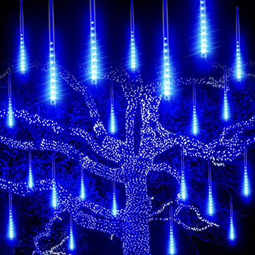 ULERSP Christmas Meteor Shower Rain Lights Extendable, 50cm 10 Tube 360 LEDs Falling Rain Drop Lights, Waterproof Icicle Lights for Outdoor Garden House Window Xmas Tree Decoration, Blue