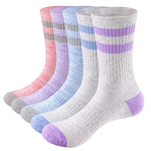 YUEDGE Womens Moisture Wicking Cotton Cushioned Crew Padded Boot Socks Thermal Hiking Socks For Womens 5 Pairs/Pack