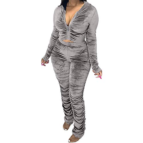 CCIGO Women’s Long Sleeve Tracksuit Set 2 Piece Velvet Ruffled Zip-up Crop Top Sweatshirt and Jogger Pants Outfits Medium Grey