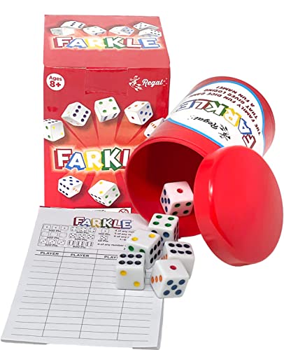 Regal Games – Farkle Dice Game – Fun Family-Friendly Dice Game – Includes Storage Cup with Lid, Six Dice, 25 Scorecards – Ideal for 2-4 Players Ages 12+