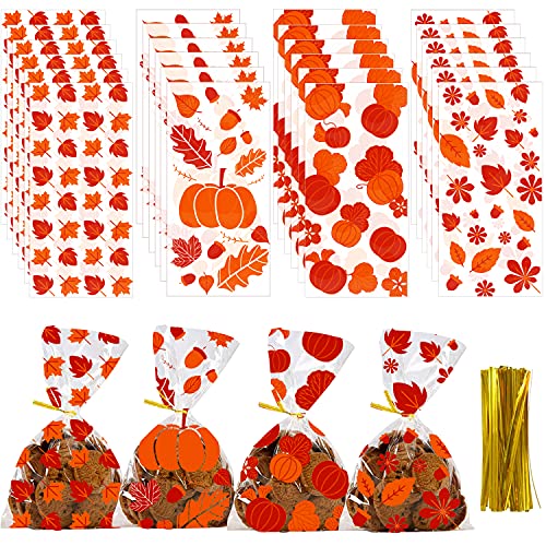 JOICEE 120PCS Fall Cellophane Bags, Maple Leave Cellophane Treat Candy Bags with Twist for Thanksgiving Halloween Party Favor…