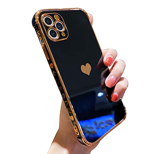 niufoey Compatible with iPhone 11 Pro Max Case with Camera Protection,Luxury Plating Love Heart Phone Case Women Men Girl,Soft TPU Bumper with Small Love Pattern,Airbag Shockproof Cover 6.5 inch-Black