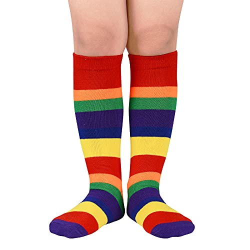 Toddler Soccer Socks Stripes Knee High Tube Socks Cotton Uniform Sports Socks for Toddler Boys Girls 1 Pack Colorful Rainbow
