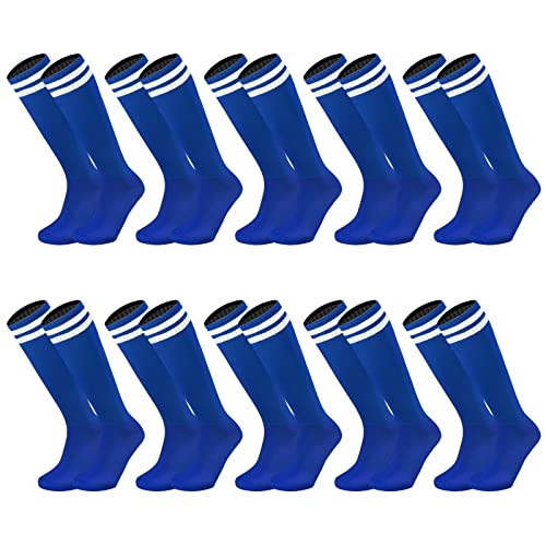 Elfcool 10 Pairs Knee High Tube Socks Colorful Soccer Socks with Double Stripes Football Athletic Team Socks for Men Women(Adult-10pack Blue/White)