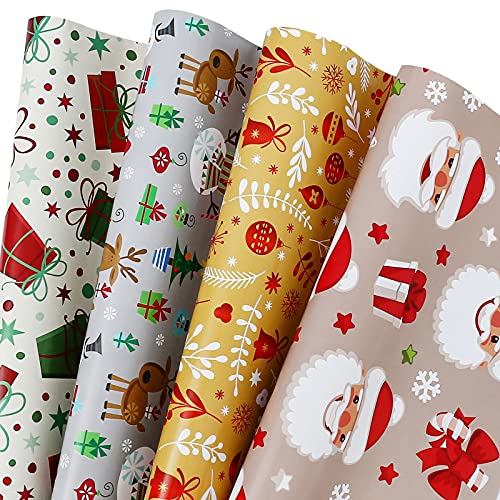 CAMKUZON Christmas Wrapping Paper for Xmas Holiday – 12 Sheets Gift Wrap 4 Designs Santa/Snowmen Reindeer/Gifts Stars/Ornaments in Gold, Folded Flat, 20″ X 29″ Per Sheet