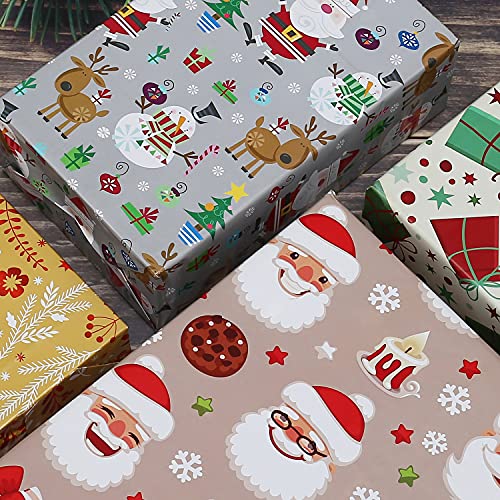 CAMKUZON Christmas Wrapping Paper for Xmas Holiday – 12 Sheets Gift Wrap 4 Designs Santa/Snowmen Reindeer/Gifts Stars/Ornaments in Gold, Folded Flat, 20″ X 29″ Per Sheet | The Storepaperoomates Retail Market - Fast Affordable Shopping