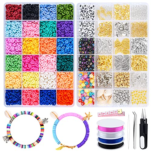 TUPARKA Clay Beads 6mm 24 Colors Flat Beads with Pendant Charms Kit and Lobster Clasp for DIY Craft Kit Jewelry Making Bracelets