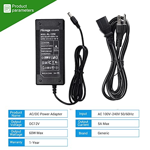 Facmogu 3 Prong US Plug 12V 5A 60W AC to DC Power Supply Adapter, 5.5×2.1mm & 2.5mm Plug, AC 100-240V to DC 12V Switching Transformer Converter for CCTV Camera LED Strip LCD Screen DVD Players | The Storepaperoomates Retail Market - Fast Affordable Shopping