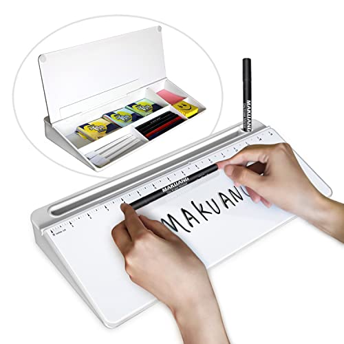 Desktop Glass Whiteboard Set with Ruler Design,Glass Desk Dry Erase Board with 5 Markers 2 Sticky Notes 1 Eraser,Computer Keyboard Stand with Drawers for Home, School,Office Desk Accessories