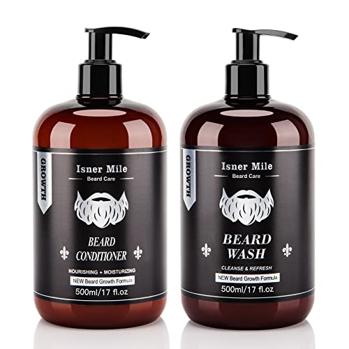 Beard Wash and Conditioner Set (Large 17 oz each), New Beard Growth Formula with Biotin Argan & Jojoba Oils, Smooth Soften Strengthen, Beard Shampoo w/Beard Oil Conditioner Gifts for Men