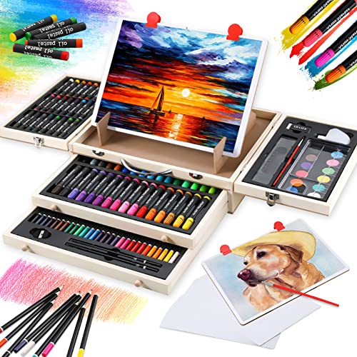 POPYOLA Art Supplies, 127 Piece Art Set with Drawing Easel, Deluxe Wooden Art Kits Craft Drawing Painting Kit with Portable Case, Creative Gift Box for Teens Beginners Kids Girls Boys
