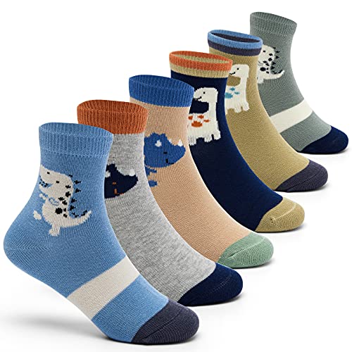 Boys Cotton Crew Socks Kids Seamless Toe Socks Colorful Athletic Quarter Socks 6 Pack 6-8 Years Dinosaurs