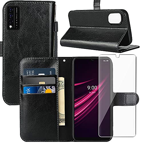 for T-Mobile REVVL V Plus 5G Case, TCL Revvl V+ 5G Wallet Case, with Screen Protector,PU Leather Wrist Strap Card Slots Shockproof Protective Flip Cover Phone Case for T-Mobile REVVL V+ 5G,Black