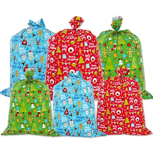 6pcs Large Christmas Gift Bag for Presents Jumbo Plastic Goody Bag Giant Gift Bag Assorted Size 49″X35.5″ and 36.4” X 34.5” with Gift Tag Card for Christmas Big Gift Wrapping Bag