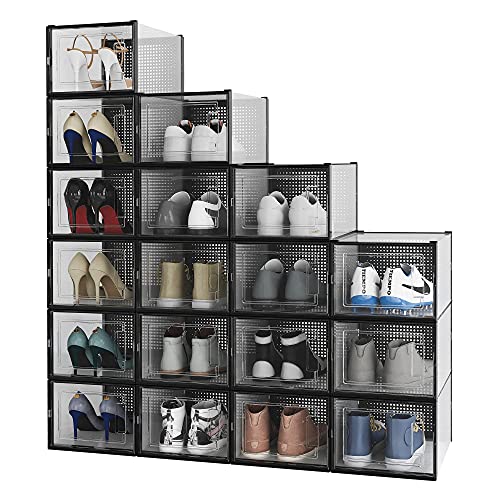 Yescom 18 Pack Shoe Storage Box Clear Shoe Organizer Bins for Closets Stackable Sneaker Container Foldable Home Closet Apartment Use Large Size Black