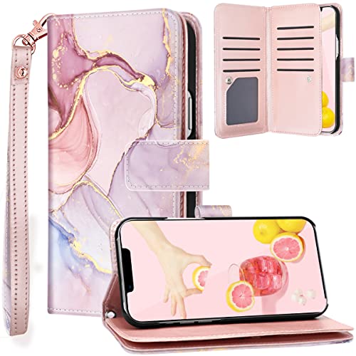 Fingic Compatible with iPhone 13 Pro Max 5G Case Wallet, Rose Gold Marble 9 Card Holder PU Leather Detachable Wrist Strap Wallet Case for Women Cover for Apple iPhone 13 Pro Max (6.7 inch), Rose Gold