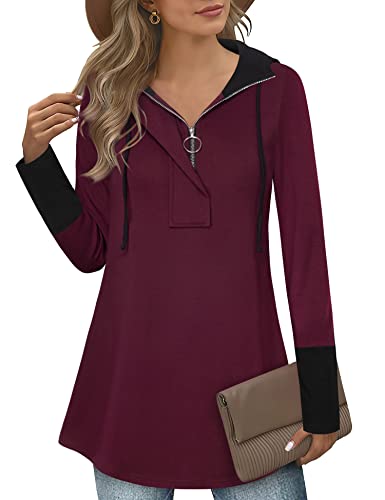 Timeson Womens Tunic Sweater,Ladies Sweatshirts Long Sleeve Fashion Zip Up Hoodies Dressy Thick Winter Tunics Tops for Leggings Cozy Warm Pullover Fall Shirts for Work Swing Christmas Outfit Dark Red