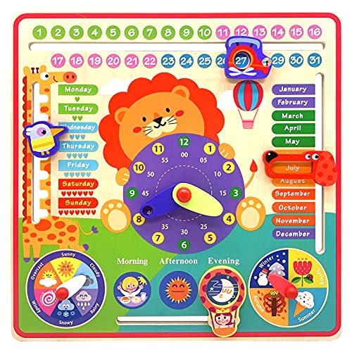 Wooden Montessori Toddler Learning Clock, Telling Time Teaching Clock & Time Calendar Cognitive Board, Preschool Learning Educational Toys for 3+ Years Old Boys and Girls