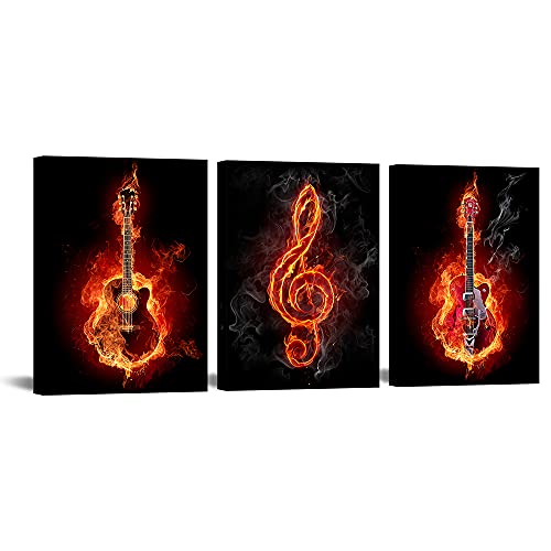 VANSEEING 3 Piece Music Canvas Wall Art Musical Notes Guitar on Fire Poster and Prints Black Background Music Picture Painting Art Wall Decor Stretched Ready to Hang 12x16inchx3pcs