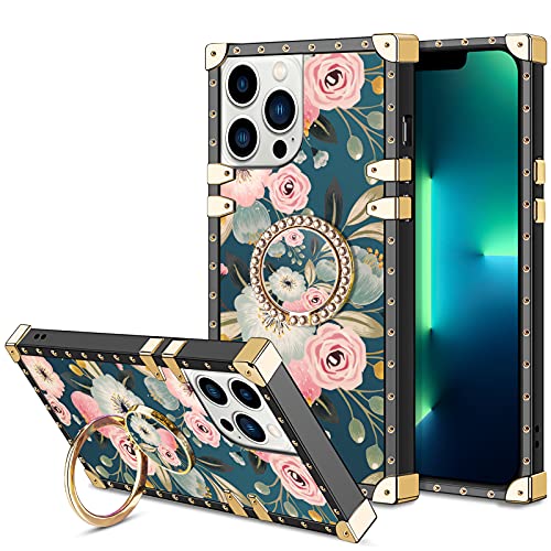 HoneyAKE Compatible with iPhone 13 Pro Max Case with Kickstand Women Girls Soft TPU Shockproof Protective Heavy Duty Metal Reinforced Square Phone Case Cover for iPhone 13 Pro Max 6.7 inch Flower