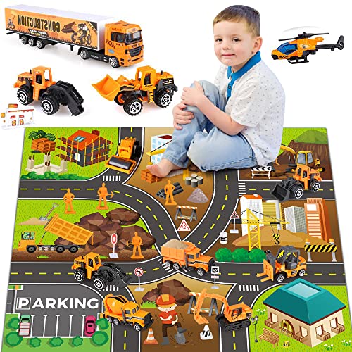 27 in 1 Kids Construction Vehicles Truck Cars Toys with Play Mat,Mini Engineering Diecast Pull Back Cars Alloy Truck Playset and 12 Road Signs for Boy Toddlers Birthday Christmas Party Gift Age 3+