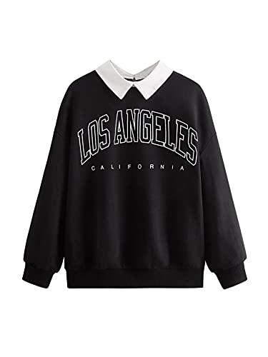 SOLY HUX Girl’s Contrast Collar Letter Print Long Sleeve Pullover Top Sweatshirt Black 11-12Y