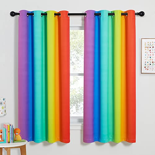 NICETOWN Colorful Rainbow Bedroom Curtains, Home Decoration Blackout Curtains for Girls Room Decor, Window Drapes for Girly Nursery Kids Daughter Room (Dark Rainbow, 52 x 63 inch Length, Set of 2)