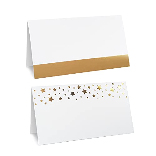 CLEVER SIGNS Gold Place Cards for Wedding or Party, 100 Pack, 2″ X 3.5, Double Design, Gold Foil Stars and Line, Scored for Easy Folding, Place Cards for Table Setting, Seating Place Cards for Tables