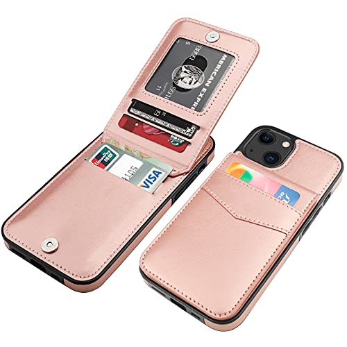 KIHUWEY Compatible with iPhone 13 Case Wallet with Credit Card Holder, Premium Leather Magnetic Clasp Kickstand Heavy Duty Protective Cover for iPhone 13 6.1 inch(Rose Gold)