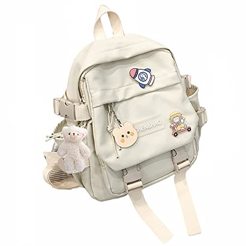 PEXIZUAN kawaii backpack girl school bag waterproof nylon with kawaii pendant cute pin mini backpack(white)