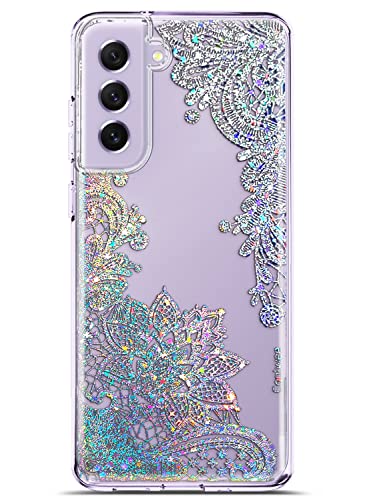 Coolwee Clear Glitter for Galaxy S21 FE Case Thin Flower Slim Cute Crystal Lace Bling Shiny Women Girl Floral Plastic Hard Back Soft TPU Bumper Protective Cover for Samsung Galaxy S21 FE Mandala Henna