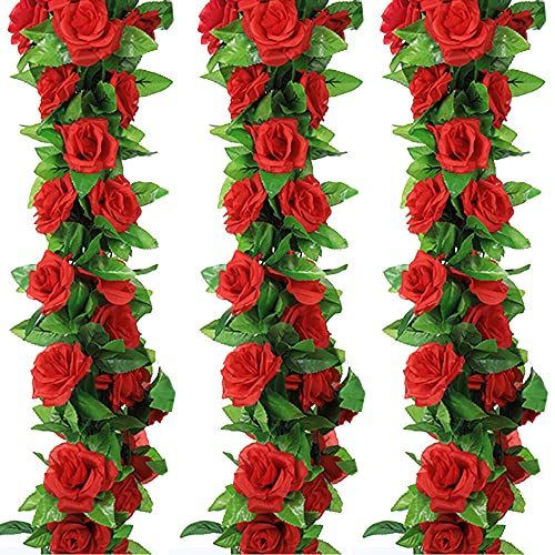 Fake Rose Vine Flowers Plants 4 Pack 32.2 FT Artificial Flower Hanging Rose Ivy Home Hotel Office Wedding Party Garden Craft Art Decor (Red)