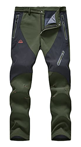 Rdruko Men’s Winter Hiking Pants Waterproof Fleece Lined Ski Snow Softshell Work Pants 4 Pockets(Green, US 40)