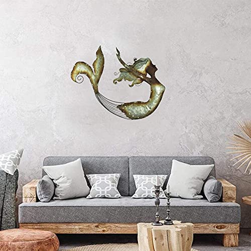 Mermaid Decor Metal Wall Art,Home Decor Mermaid Wall Sculpture Hanging Coastal Wall Decor for Home Garden Indoors Outdoors,Swimming Mermaid Specialties Distressed Handmade Creative Craft Panels | The Storepaperoomates Retail Market - Fast Affordable Shopping
