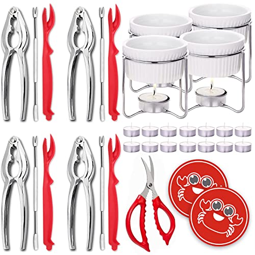 Luvan 33 Pcs Crab Crackers and Tools Set with 4 Crab leg Crackers, 4 Crab Forks, 4 Lobster Shellers, 4 Butter Warmers, 1 Seafood Scissors, 14 Tealight Candles and 2 Crab Grabbers – Seafood Tools Set