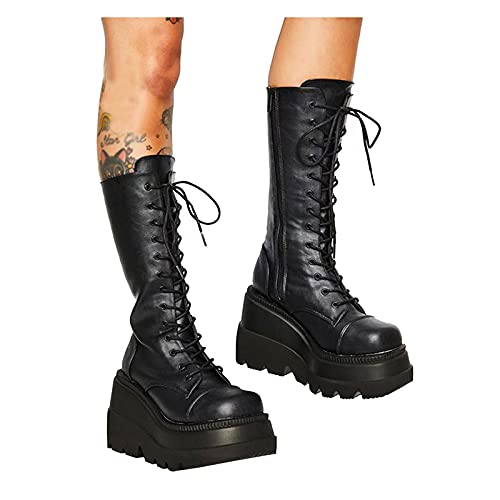 NOLDARES Platform Boots for Womens Goth Wedge High Heel Sexy Side Zipper Printed Motorcycle Combat Studded Knee High Boots, Z1 Black, 7